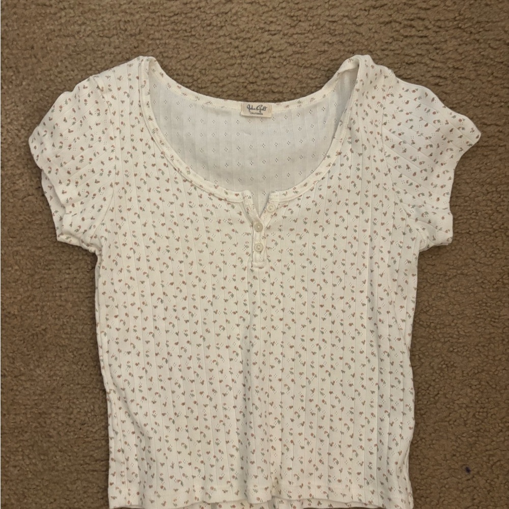 PacSun White Short Sleeve Henley Tee with Tiny Pink Floral Print